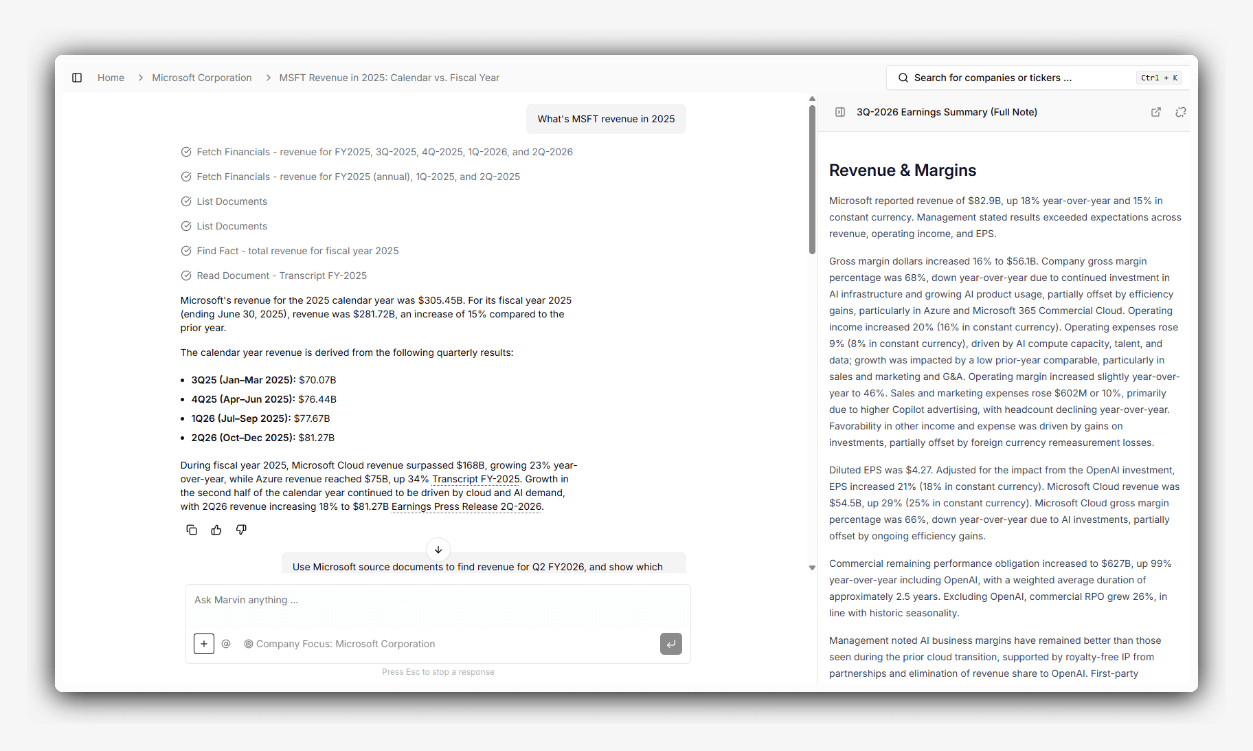 The split panel, with a Microsoft conversation on the left and an editable 3Q 2026 earnings summary note open on the right